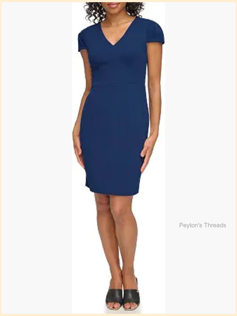 Short Sleeve V-Neck Sheath Midi Dress - Cotton Blend
